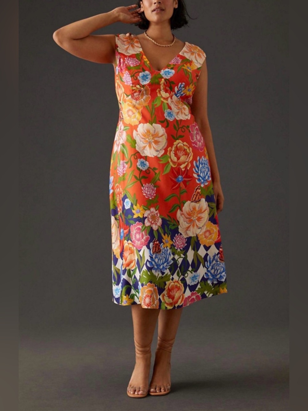 ANTHROPOLOGIE || Painterly Orange Floral V-Neck Midi Dress. Sz. 18W
